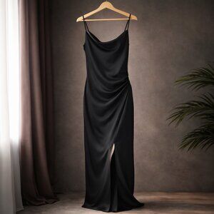 Altar’d State Black Satin Slip Dress Cowl Neck Ruched Maxi Bias Cut S NWT